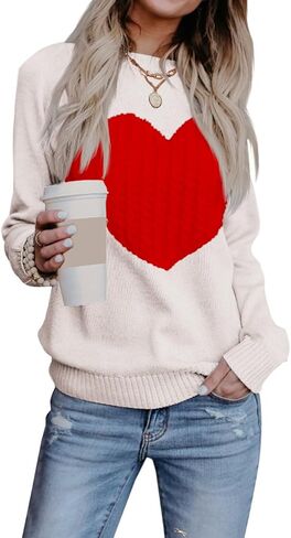 Heart Sweater for Women Valentines Day Gifts for Her Red Sweaters Crewneck Long Sleeve Lightweight Cute Tops in Saudi Arabia