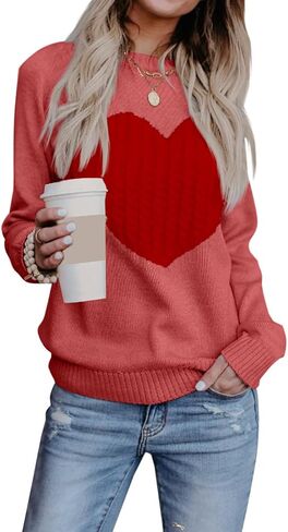 Heart Sweater for Women Valentines Day Gifts for Her Red Sweaters Crewneck Long Sleeve Lightweight Cute Tops in Saudi Arabia