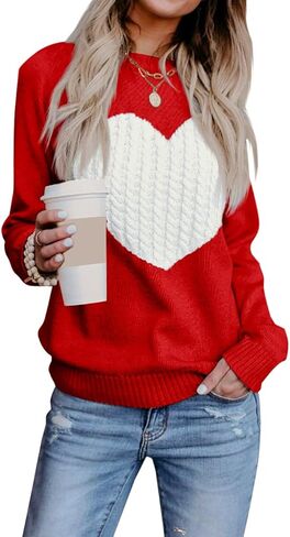 Heart Sweater for Women Valentines Day Gifts for Her Red Sweaters Crewneck Long Sleeve Lightweight Cute Tops in Saudi Arabia
