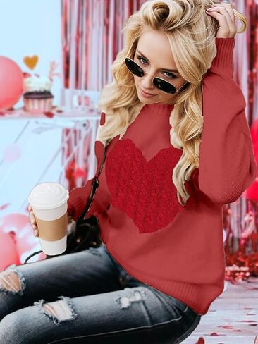 Heart Sweater for Women Valentines Day Gifts for Her Red Sweaters Crewneck Long Sleeve Lightweight Cute Tops in Saudi Arabia