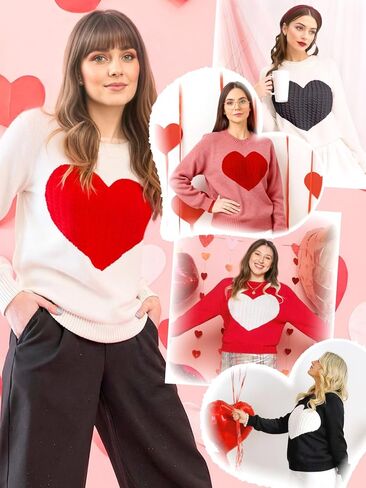 Heart Sweater for Women Valentines Day Gifts for Her Red Sweaters Crewneck Long Sleeve Lightweight Cute Tops in Saudi Arabia