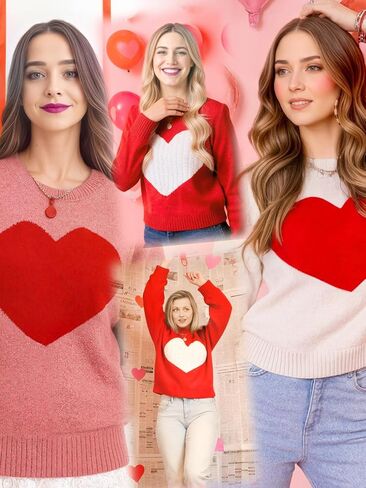 Heart Sweater for Women Valentines Day Gifts for Her Red Sweaters Crewneck Long Sleeve Lightweight Cute Tops in Saudi Arabia