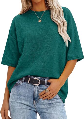 ANRABESS Womens Short Sleeve Sweater Oversized Lightweight Business Casual Tops Crewneck Soft Knit 2026 Spring Summer Outfits in Saudi Arabia
