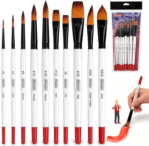 XFasten Watercolor Brushes Professional Set of 10, Synthetic Squirrel Hair Artist Watercolor Paint Brushes Set for Adults and Beginners, Gouache, Ink - Includes Round, Flat, Dagger, and Wash Brush in Saudi Arabia