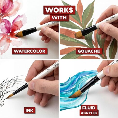 XFasten Watercolor Brushes Professional Set of 10, Synthetic Squirrel Hair Artist Watercolor Paint Brushes Set for Adults and Beginners, Gouache, Ink - Includes Round, Flat, Dagger, and Wash Brush in Saudi Arabia
