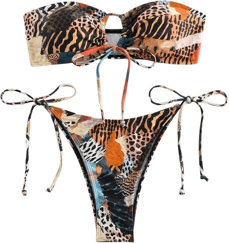 Milumia Women's 2 Piece Leopard Zebra Print Bikini Set O Ring Strapless Side Tie Thong Bathing Suits in Saudi Arabia