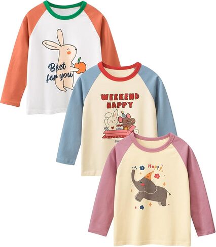 قمصان طويلة الأكمام للفتيات الصغيرات مكونة من 3 قمصان كاجوال بياقة دائرية، تي شيرتات قطنية راجلان، قمصان علوية بطبقات للربيع والخريف، 2-6 سنوات in Kuwait