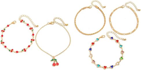 5-Piece Anklet Chain Set for Women - Bohemian Beach Crystal Chain & Cherry Drip Oil Anklets, Minimalist Metal Wheat Braid Foot Jewelry for Summer Vacation Festival in Kuwait