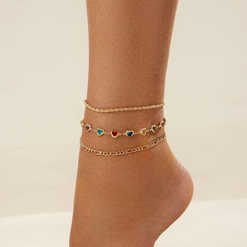 5-Piece Anklet Chain Set for Women - Bohemian Beach Crystal Chain & Cherry Drip Oil Anklets, Minimalist Metal Wheat Braid Foot Jewelry for Summer Vacation Festival in Kuwait