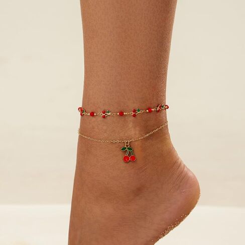 5-Piece Anklet Chain Set for Women - Bohemian Beach Crystal Chain & Cherry Drip Oil Anklets, Minimalist Metal Wheat Braid Foot Jewelry for Summer Vacation Festival in Kuwait