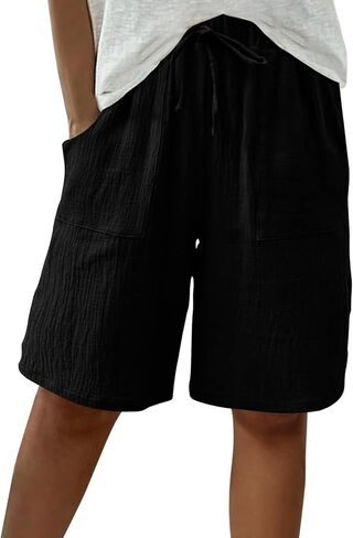 Bermuda Shorts for Women Knee Length Drawstring Elastic Waist Linen Shorts with Pockets Summer Casual Long Shorts in Saudi Arabia
