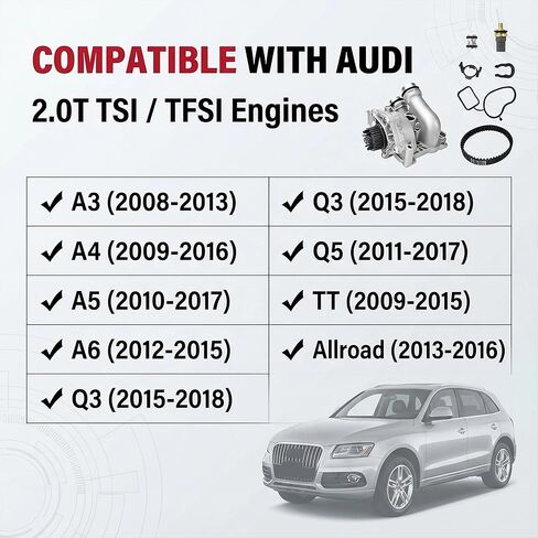 مجموعة ترموستات مضخة مياه ألومنيوم مطورة متوافقة مع Audi A4 A5 Q5 VW GTI Tiguan Jetta 2.0T TSI - يستبدل 06H121026DD مع حزام ومستشعر in Saudi Arabia