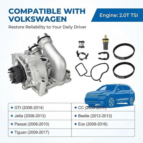 مجموعة ترموستات مضخة مياه ألومنيوم مطورة متوافقة مع Audi A4 A5 Q5 VW GTI Tiguan Jetta 2.0T TSI - يستبدل 06H121026DD مع حزام ومستشعر in Saudi Arabia