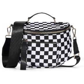 حقيبة كروس ذات مربعات وحقيبة بوم واسعة ومحفظة مربعات وحزم فاني، نسخة مطورة مع مقبض حمل للنساء (أسود) in Kuwait