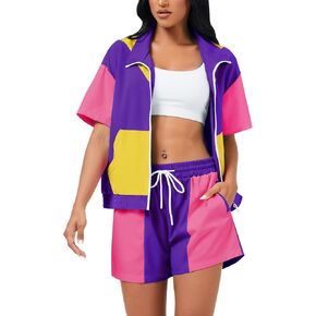 ZDT Women's Color Block 80s 90s Outfit 2 Piece Short Sleeve Costume Zip Up Windbreaker Track Suits Set in Saudi Arabia