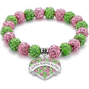 AKA Sorority Gifts Bracelet, Letter Pendant Rhinestone Bracelet Bangle, Pink and Green Bead Bracelet, Greek Sorority Paraphernalia Jewelry Gifts for Women in Kuwait