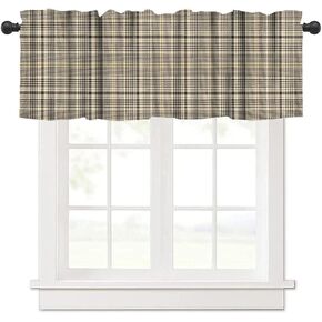 Check Valance Curtains Golden Brown Beige Black Plaid Retro Pattern Window Treatment Valance Short Curtains Rod Pocket Drape for Kitchen Cafe Dining Room Home Farmhouse Decor, 54x18inch in Saudi Arabia