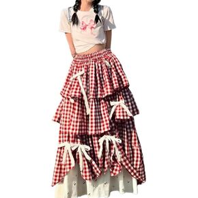 Y2k Vintage Plaid Patchwork Tiered Skirt 3D Satin Bow Layered Ruffles Lightweight Cotton Linen Blend Dressy Outfit for Women in Kuwait