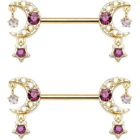 Pierced Owl 14GA Gold Plated 316L Stainless Steel Purple CZ Crystal Crescent Moon with Dangling Gems Nipple Barbells, Sold as a Pair in Saudi Arabia
