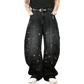 بنطال جينز رجالي سباركلي فضفاض من قماش الدنيم واسع الساق مصنوع من حجر الراين وفضفاض مستقيم من قماش هيب هوب in Kuwait