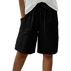 Bermuda Shorts for Women Knee Length High Waisted Baggy Shorts with Pockets Cotton Linen Summer Casual Lounge Outfits in Kuwait
