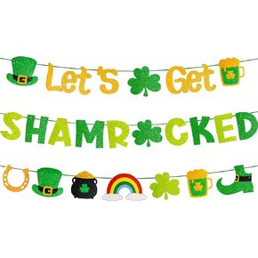 لافتة Let's Get Shamrocked مُثبتة مسبقًا بدون ديكورات عيد القديس باتريك مع تفاصيل لامعة ذهبية 3 قطع ديكور سانت باتريك البرسيم لوازم الحفلات الأيرلندية in Kuwait