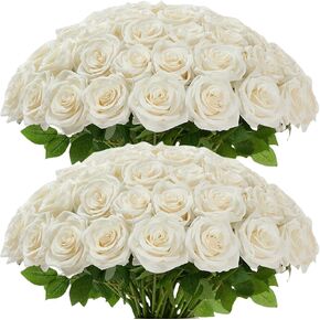 100 Pcs White Rose Artificial Flowers Bulk, Ivory Silk Fake Roses with Long Stem for Wedding Decoration, Bridal Bouquets, DIY Flower Wall, Party Table Centerpieces, Home Decor in Saudi Arabia