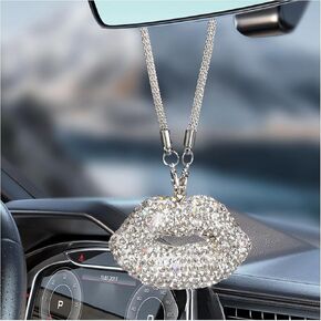 Bling Lip Car Rear View Mirror Charm, Lip Diamond Cute Automotive Rear View Mirror Hanging Ornament, Glitter Rhinestone Charm Pendant Vehicle Interior Decoration for Women (White) in Kuwait
