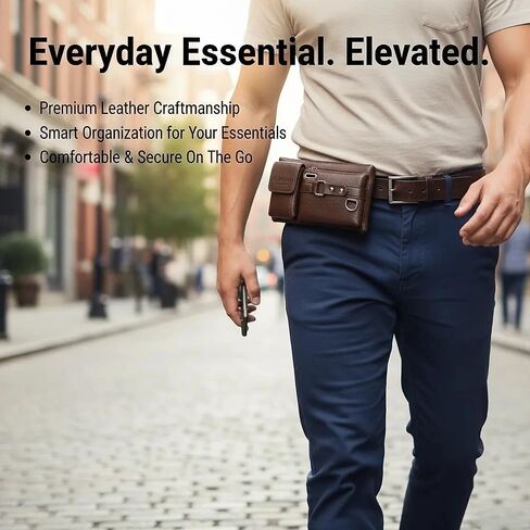 Men Leather Waist Bag Belt Pouch Phone Holder, Compact Crossbody Fanny Pack with Multi-Pocket Design for Daily Travel Work in Saudi Arabia