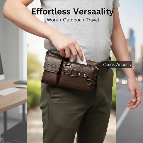 Men Leather Waist Bag Belt Pouch Phone Holder, Compact Crossbody Fanny Pack with Multi-Pocket Design for Daily Travel Work in Saudi Arabia