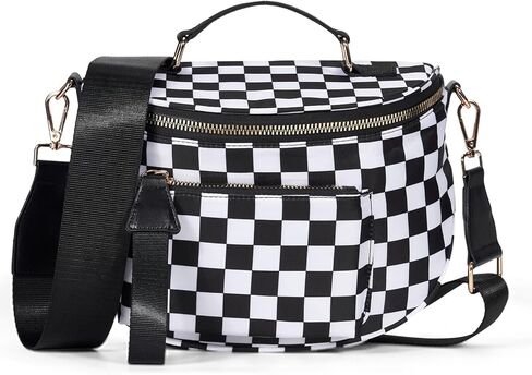 حقيبة كروس ذات مربعات وحقيبة بوم واسعة ومحفظة مربعات وحزم فاني، نسخة مطورة مع مقبض حمل للنساء (أسود) in Kuwait