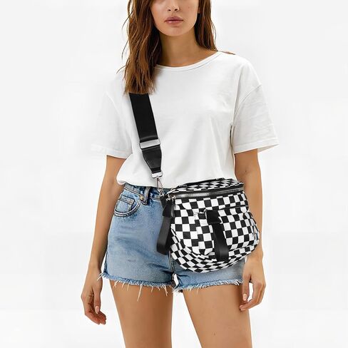 حقيبة كروس ذات مربعات وحقيبة بوم واسعة ومحفظة مربعات وحزم فاني، نسخة مطورة مع مقبض حمل للنساء (أسود) in Kuwait