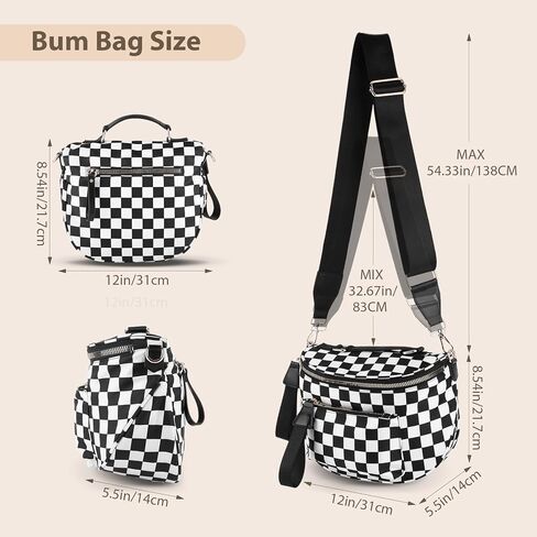 حقيبة كروس ذات مربعات وحقيبة بوم واسعة ومحفظة مربعات وحزم فاني، نسخة مطورة مع مقبض حمل للنساء (أسود) in Kuwait