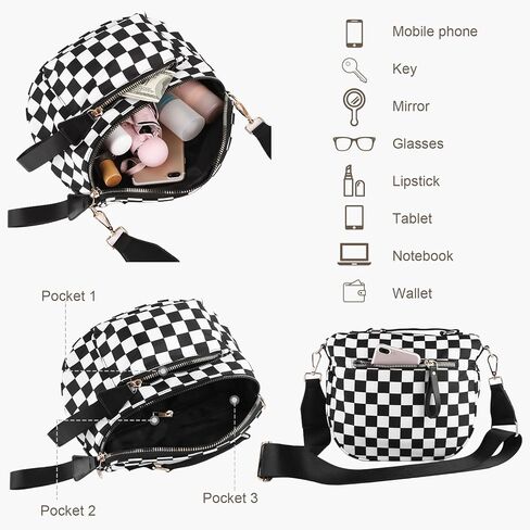 حقيبة كروس ذات مربعات وحقيبة بوم واسعة ومحفظة مربعات وحزم فاني، نسخة مطورة مع مقبض حمل للنساء (أسود) in Kuwait