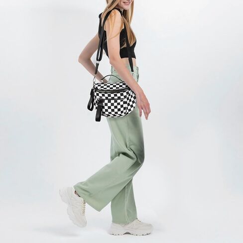 حقيبة كروس ذات مربعات وحقيبة بوم واسعة ومحفظة مربعات وحزم فاني، نسخة مطورة مع مقبض حمل للنساء (أسود) in Kuwait