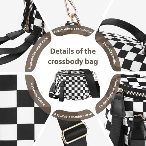حقيبة كروس ذات مربعات وحقيبة بوم واسعة ومحفظة مربعات وحزم فاني، نسخة مطورة مع مقبض حمل للنساء (أسود) in Kuwait