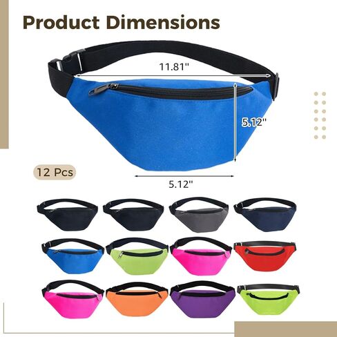 12 Pcs Fanny Packs for Men and Women,Vibrant Colors, Waterproof Oxford Fabric, Adjustable Waist Pack for Running and Travel, Secure Zipper Pouch in Kuwait