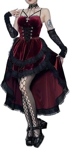 Gothic Dresses for Women Black Goth Dress Steam Punk Velvet Lace Patchwork Halter Dress in Saudi Arabia