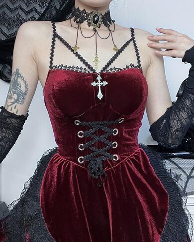 Gothic Dresses for Women Black Goth Dress Steam Punk Velvet Lace Patchwork Halter Dress in Saudi Arabia