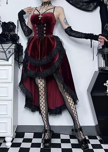 Gothic Dresses for Women Black Goth Dress Steam Punk Velvet Lace Patchwork Halter Dress in Saudi Arabia