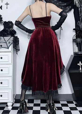 Gothic Dresses for Women Black Goth Dress Steam Punk Velvet Lace Patchwork Halter Dress in Saudi Arabia