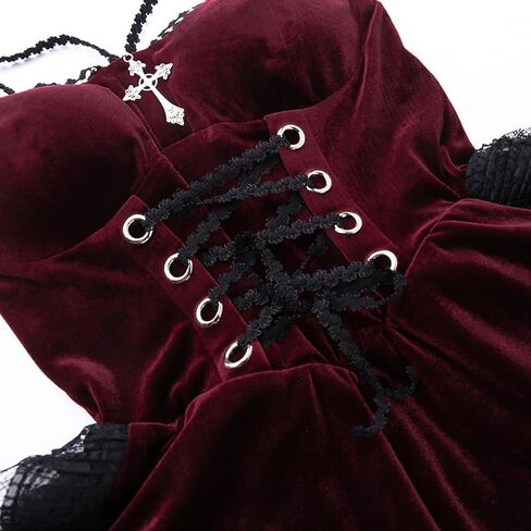 Gothic Dresses for Women Black Goth Dress Steam Punk Velvet Lace Patchwork Halter Dress in Saudi Arabia