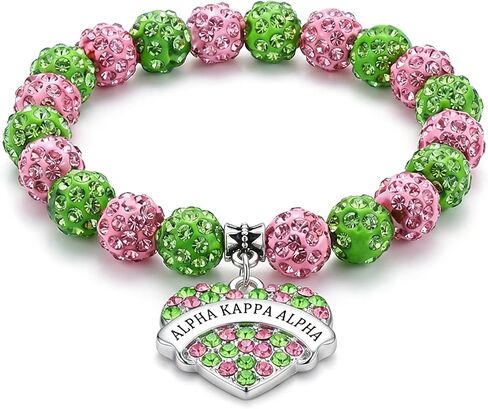 AKA Sorority Gifts Bracelet, Letter Pendant Rhinestone Bracelet Bangle, Pink and Green Bead Bracelet, Greek Sorority Paraphernalia Jewelry Gifts for Women in Kuwait