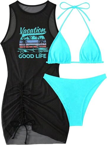 SHENHE Women's 3 Piece Swimsuits Triangle Halter Bikini Set with Cover Up Mesh Dress in Saudi Arabia