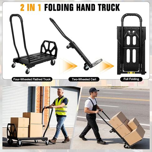 Folding Hand Truck with 4-Wheel Mode, 2 in 1 Collapsible Push Cart & Fold-Up Toe Plate – 300lbs Heavy Duty Dolly Pull Cart with Wheels Portable Hand Truck for delivery, Warehouse & Moving in Kuwait