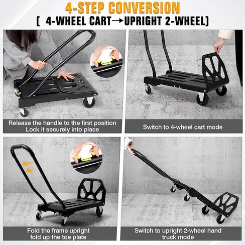 Folding Hand Truck with 4-Wheel Mode, 2 in 1 Collapsible Push Cart & Fold-Up Toe Plate – 300lbs Heavy Duty Dolly Pull Cart with Wheels Portable Hand Truck for delivery, Warehouse & Moving in Kuwait