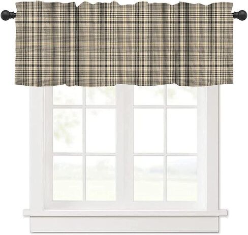 Check Valance Curtains Golden Brown Beige Black Plaid Retro Pattern Window Treatment Valance Short Curtains Rod Pocket Drape for Kitchen Cafe Dining Room Home Farmhouse Decor, 54x18inch in Saudi Arabia