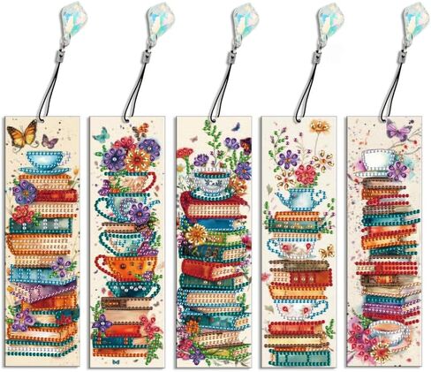 5 Pieces Acrylic Books Diamond Painting Bookmark with Tassels, Coffee Special-Shaped Small Diamond Art Book Marks for Adult, Flower Bookmark Paint with Diamonds for Book Lover in Saudi Arabia