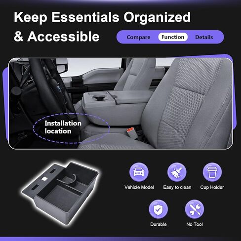 صينية تنظيم وحدة التحكم المركزية من RUNROAD متوافقة مع ملحقات 2015-2026 Ford F150 و2017-2026 F250 F350 F450، منظم تخزين تحت المقعد، حامل أكواب صينية مسند الذراع (40/20/40 مقعد القفز فقط) in Saudi Arabia