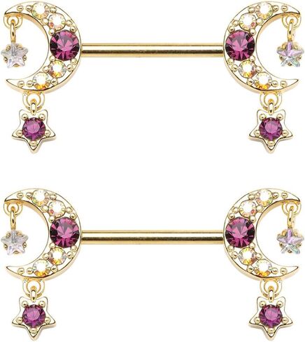 Pierced Owl 14GA Gold Plated 316L Stainless Steel Purple CZ Crystal Crescent Moon with Dangling Gems Nipple Barbells, Sold as a Pair in Saudi Arabia